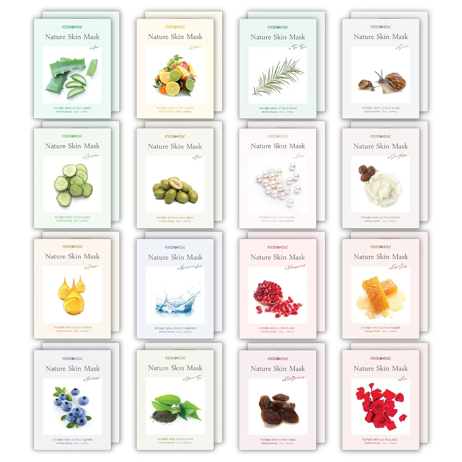 【 Nature Skin 】 32 Pcs Combo-Pack, Premium Korean Essence Facial Mask Sheet (16 Types x 2 pcs)