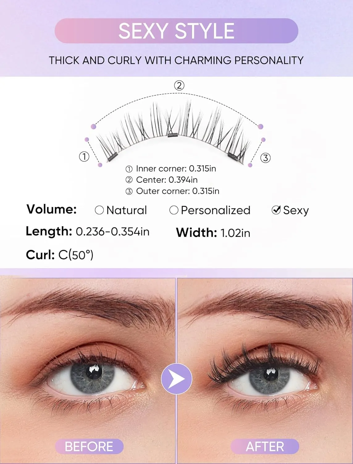 1 Pair Reusable Magnetic Eyelashes with Applicator, Magnetic False Lashes Extensions No Glue Needed Self-Adhesive Kit (Sexy Style)(Sexy Style)