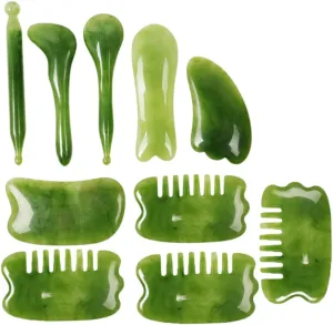 10-Piece Jade Scalp Massager Set Gua Sha Facial Tools Massaging Board for Face Neck Arms Body with Safe Smooth Texture Storage Bag