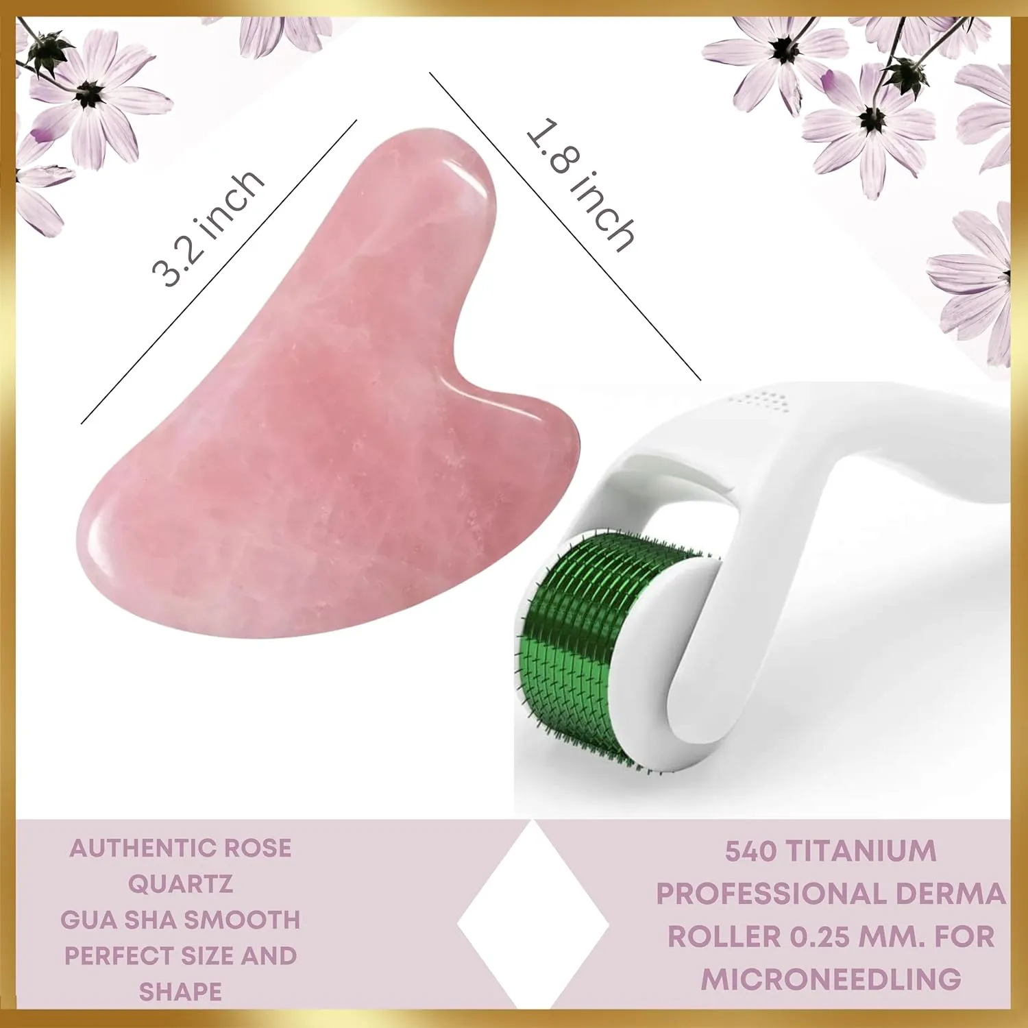100% Authentic Rose Quartz Jade Roller and Gua Sha Set for face. Premium Quality Complete Kit. Facial Tools. Microneedle Derma Roller. Natural Facial Gift Set Women (Pink, 4 PCS)