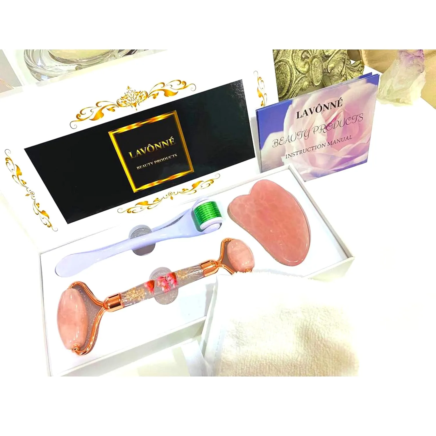 100% Authentic Rose Quartz Jade Roller and Gua Sha Set for face. Premium Quality Complete Kit. Facial Tools. Microneedle Derma Roller. Natural Facial Gift Set Women (Pink, 4 PCS)