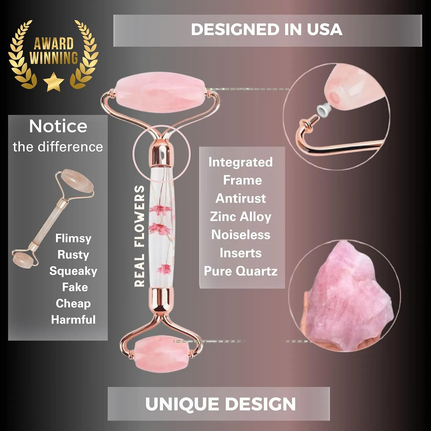 100% Authentic Rose Quartz Jade Roller and Gua Sha Set for face. Premium Quality Complete Kit. Facial Tools. Microneedle Derma Roller. Natural Facial Gift Set Women (Pink, 4 PCS)