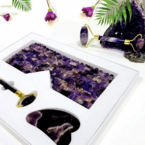 100% Authentic Amethyst Mother's day Gift Set Amethyst Eye Mask Amethyst Jade Roller & Gua Sha Set Facial Mask Instant Puffiness promote relaxation and relief stress.