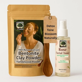 100% Natural Calcium Bentonite Clay Sandalwood Face Mask with Rose Facial Toner Wooden Hand Crafted Spoon Inside Combo for Man & Women | Acne Control, Skin Brightening | Pack of 2