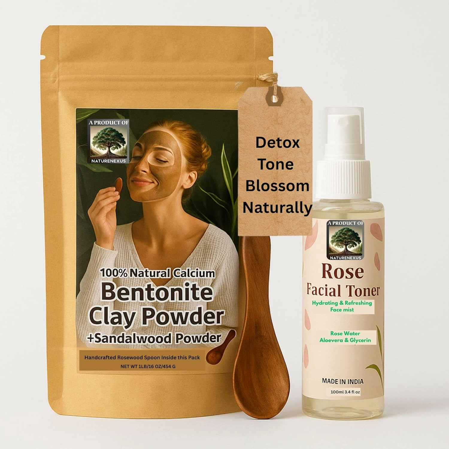 100% Natural Calcium Bentonite Clay Sandalwood Face Mask with Rose Facial Toner Wooden Hand Crafted Spoon Inside Combo for Man & Women | Acne Control, Skin Brightening | Pack of 2