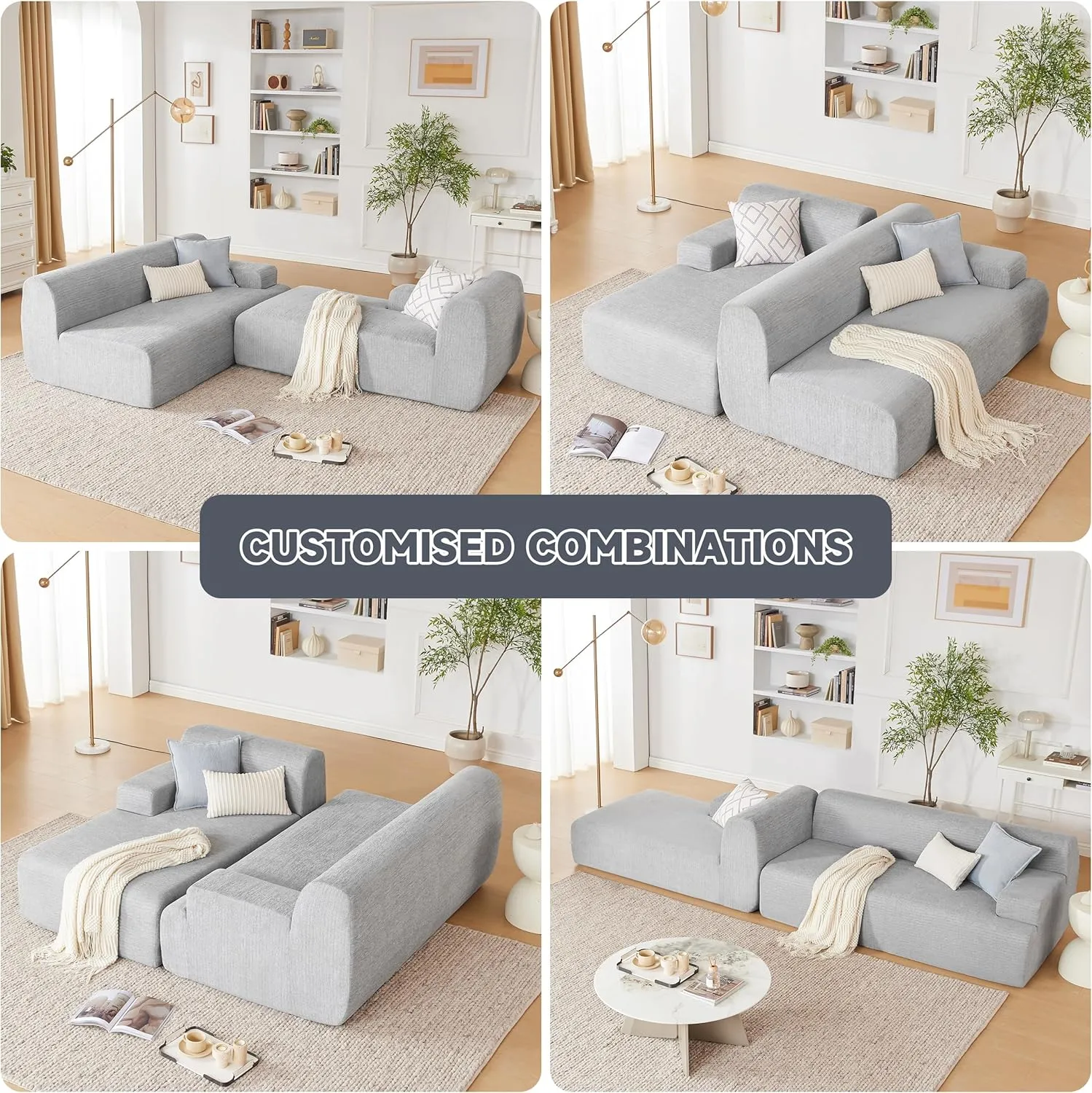 107” Modular Sectional Sofa, Modern Sofa for Living Room, High Density Sponges Cloud Couch Sectional, L-Shape Couches for Living Room, LightGrey