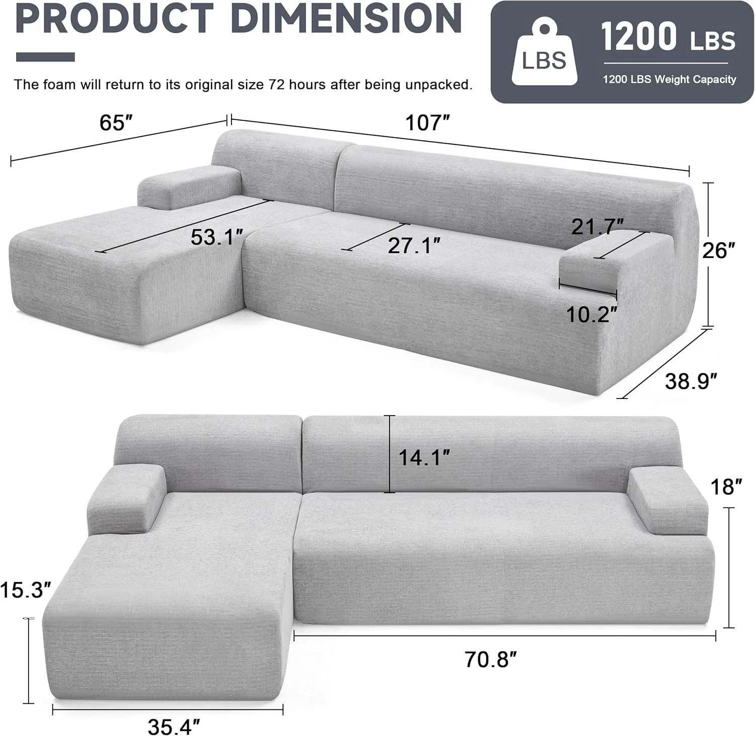 107” Modular Sectional Sofa, Modern Sofa for Living Room, High Density Sponges Cloud Couch Sectional, L-Shape Couches for Living Room, LightGrey