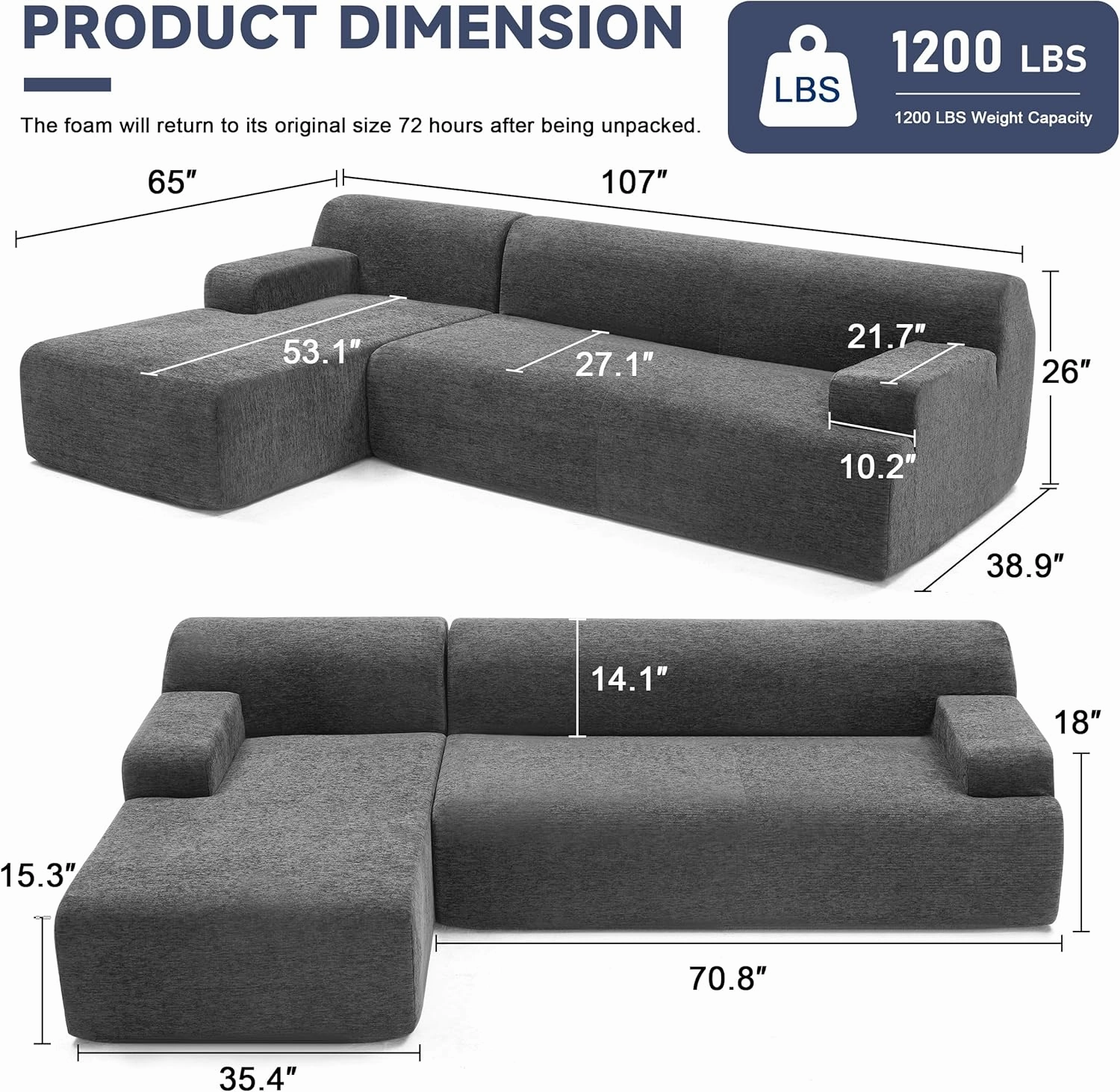 107" Modular Sectional Sofa, Sponge Sectional Sofa Couch for Living Room, High Density Sponges Cloud Couch,Modular L-Shape Sofa with Chaise, (DarkGary)