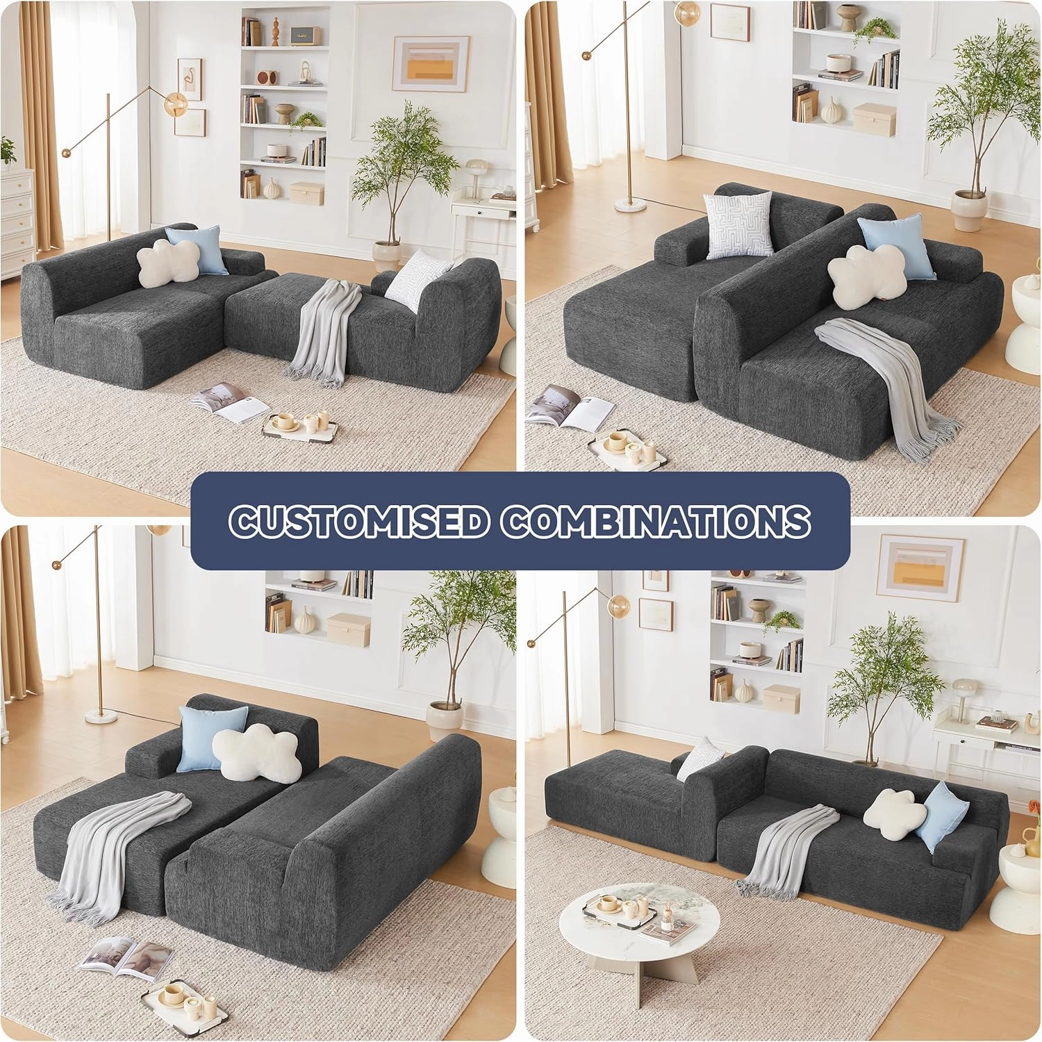 107" Modular Sectional Sofa, Sponge Sectional Sofa Couch for Living Room, High Density Sponges Cloud Couch,Modular L-Shape Sofa with Chaise, (DarkGary)