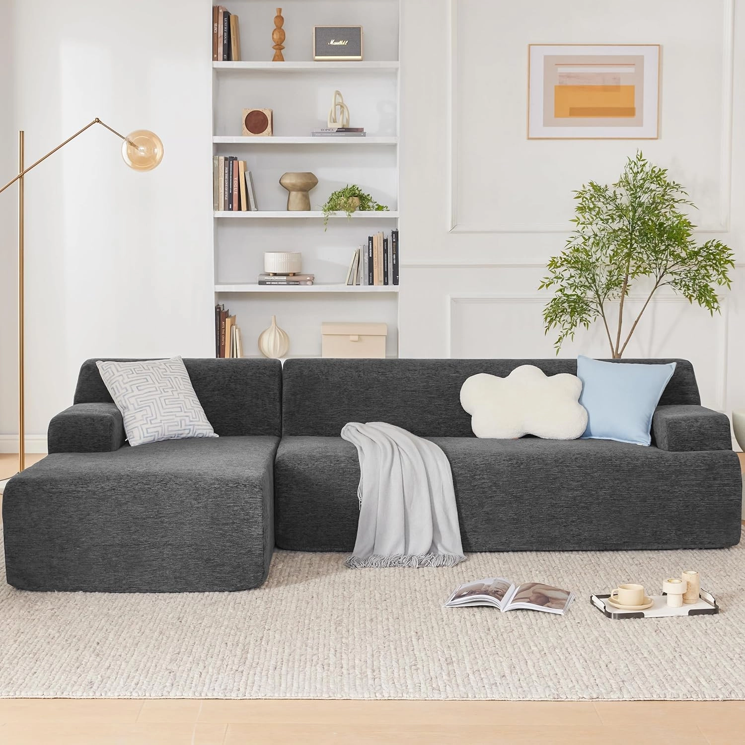 107" Modular Sectional Sofa, Sponge Sectional Sofa Couch for Living Room, High Density Sponges Cloud Couch,Modular L-Shape Sofa with Chaise, (DarkGary)