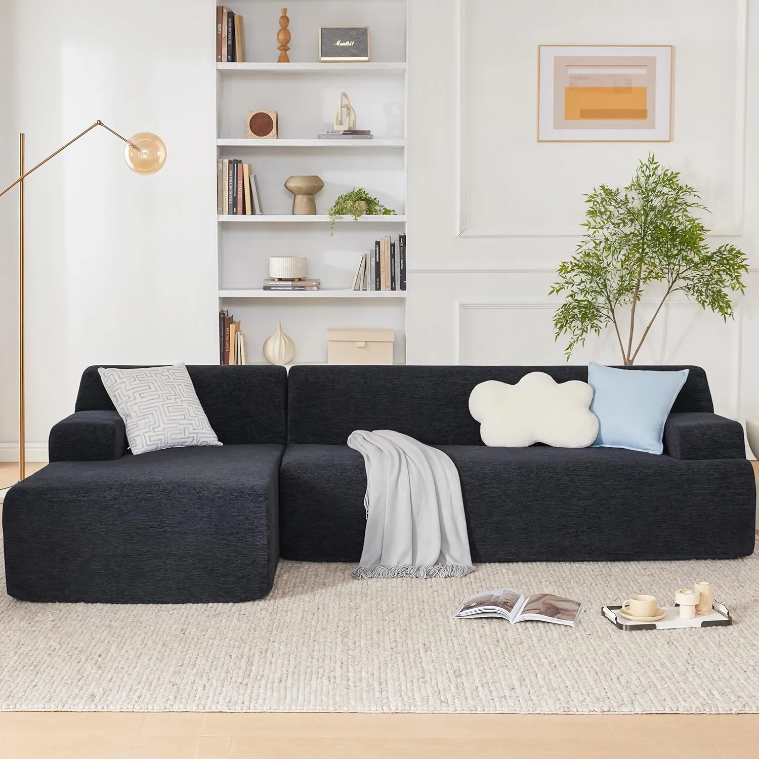 107" Modular Sectional Sofa, Sponge Sectional Sofa Couch for Living Room, High Density Sponges Cloud Couch,Modular L-Shape Sofa with Chaise, (Black)