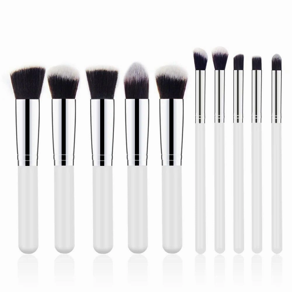 10-Piece Premium Makeup Brush Set White Silver