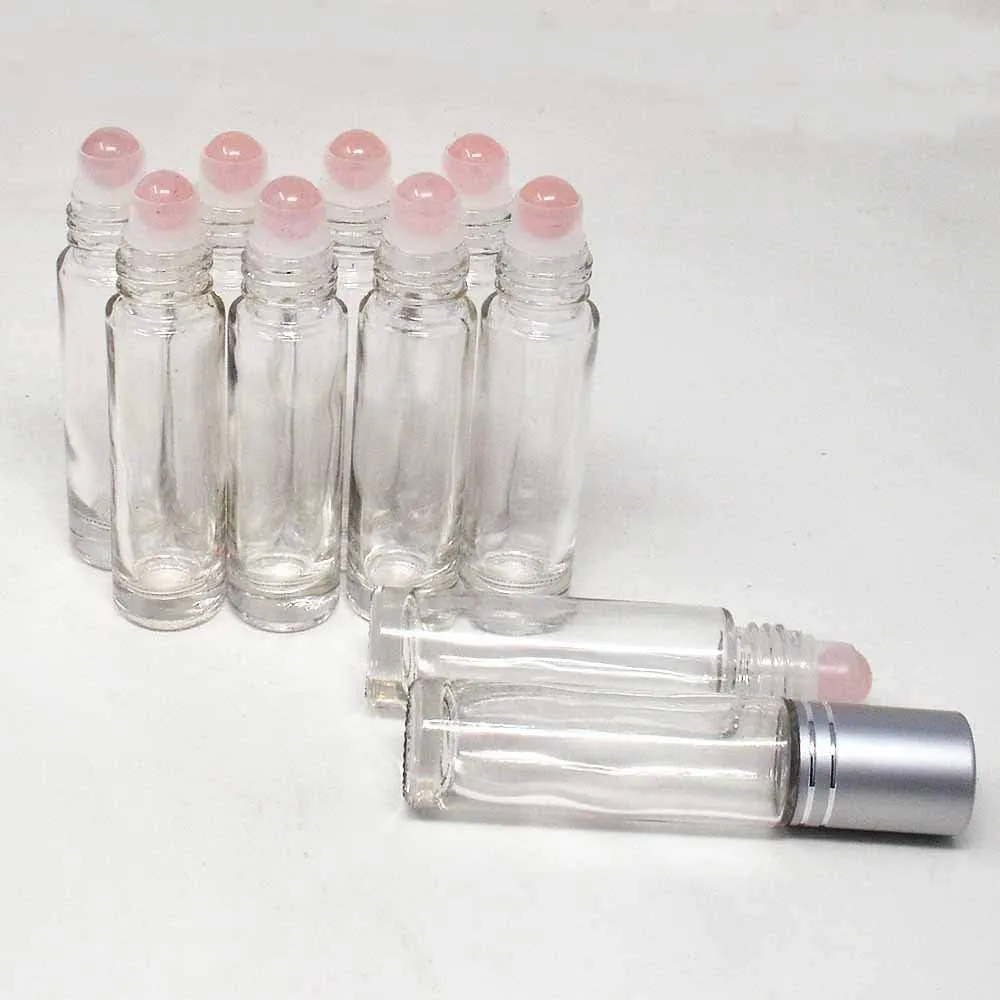 10pcs Clear 10ml Empty Refillable Glass Bottles with Crystal Semiprecious Stones Essential Oil Gemstone Roller Ball Bottles with Silver Lid with Free Bag W3900 (Rose Quartz)