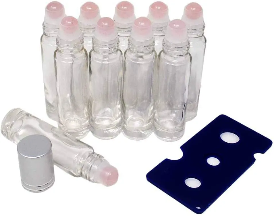 10pcs Clear 10ml Empty Refillable Glass Bottles with Crystal Semiprecious Stones Essential Oil Gemstone Roller Ball Bottles with Silver Lid with Free Bag W3900 (Rose Quartz)