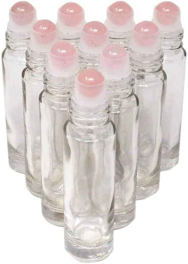 10pcs Clear 10ml Empty Refillable Glass Bottles with Crystal Semiprecious Stones Essential Oil Gemstone Roller Ball Bottles with Silver Lid with Free Bag W3900 (Rose Quartz)
