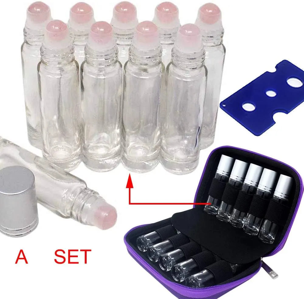 10pcs Clear 10ml Empty Refillable Glass Bottles with Crystal Semiprecious Stones Essential Oil Gemstone Roller Ball Bottles with Silver Lid with Free Bag W3900 (Rose Quartz)