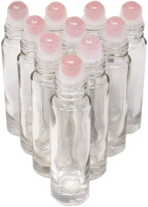 10pcs Clear 10ml Empty Refillable Glass Bottles with Crystal Semiprecious Stones Essential Oil Gemstone Roller Ball Bottles with Silver Lid with Free Bag W3900 (Rose Quartz)