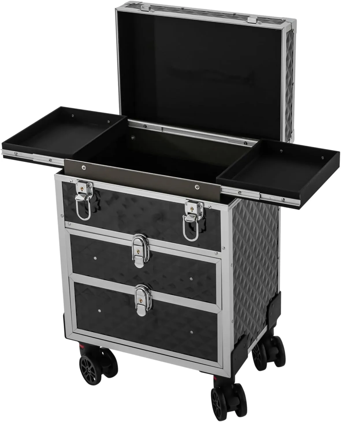 11 x 8.7 x 37.8 Inch Rolling Makeup Train Case Cosmetology Case on Wheels 66 Lbs Hand-pulled Rolling Makeup Case with 4 Universal Wheels & Retractable Handle Hairdressing Trolley