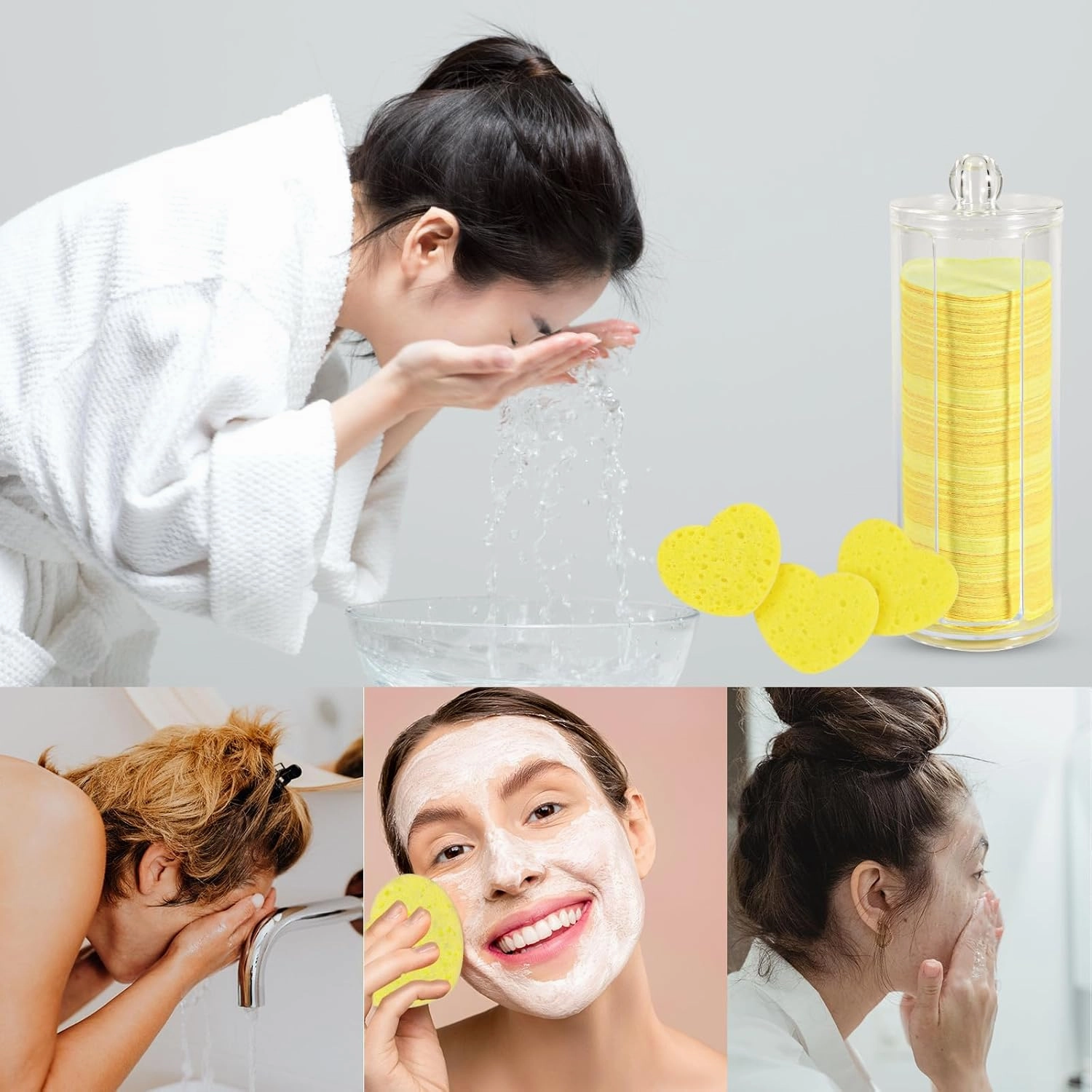 120pcs Facial Sponges, Compressed Facial Sponges with Container Heart Shape Face Sponges Sponge Pads for Face Cleaning Removing Makeup Exfoliating (Yellow)