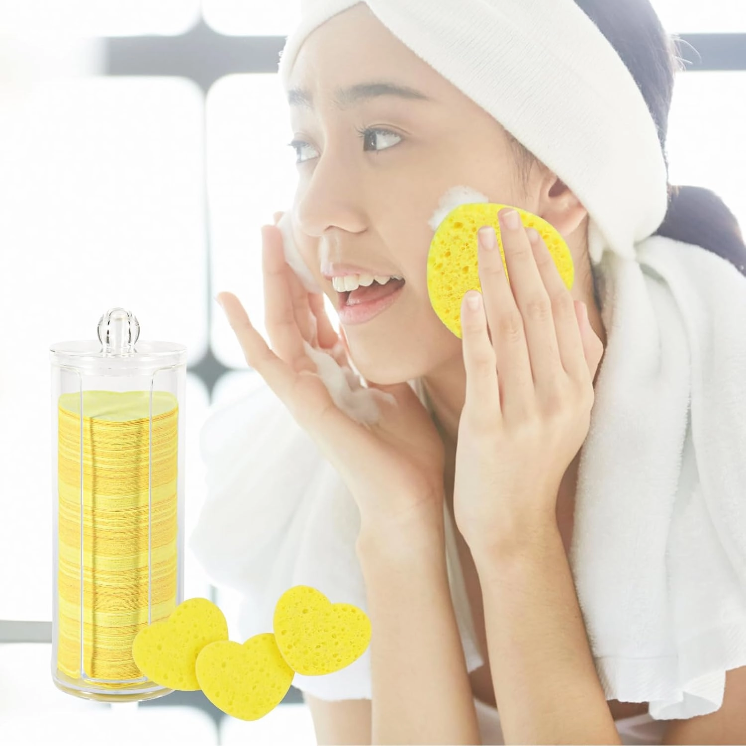120pcs Facial Sponges, Compressed Facial Sponges with Container Heart Shape Face Sponges Sponge Pads for Face Cleaning Removing Makeup Exfoliating (Yellow)