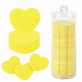 120pcs Facial Sponges, Compressed Facial Sponges with Container Heart Shape Face Sponges Sponge Pads for Face Cleaning Removing Makeup Exfoliating (Yellow)