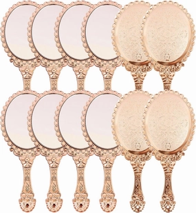 12 Pcs Vintage Handheld Mirror Embossed Mirror Hand Held Mirror with Handle Compact Portable Cute Hand Mirror Decorative Vintage Travel Mirror Vanity Makeup Mirror for Women Girl (Rose Gold)