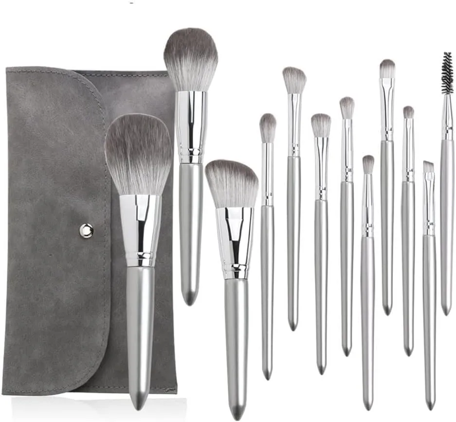 12pcs Silver Makeup Brushes Set Cosmetic Powder Foundation Blusher Eyeshadow Lip Brush Professional Beauty Make Up Tools