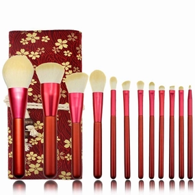 12PCS Makeup Brush Set - Soft Synthetic Fiber Hair Red Liquid Eyeliner Eye Shadow Lip Brush(Color:Red Red brush bag)