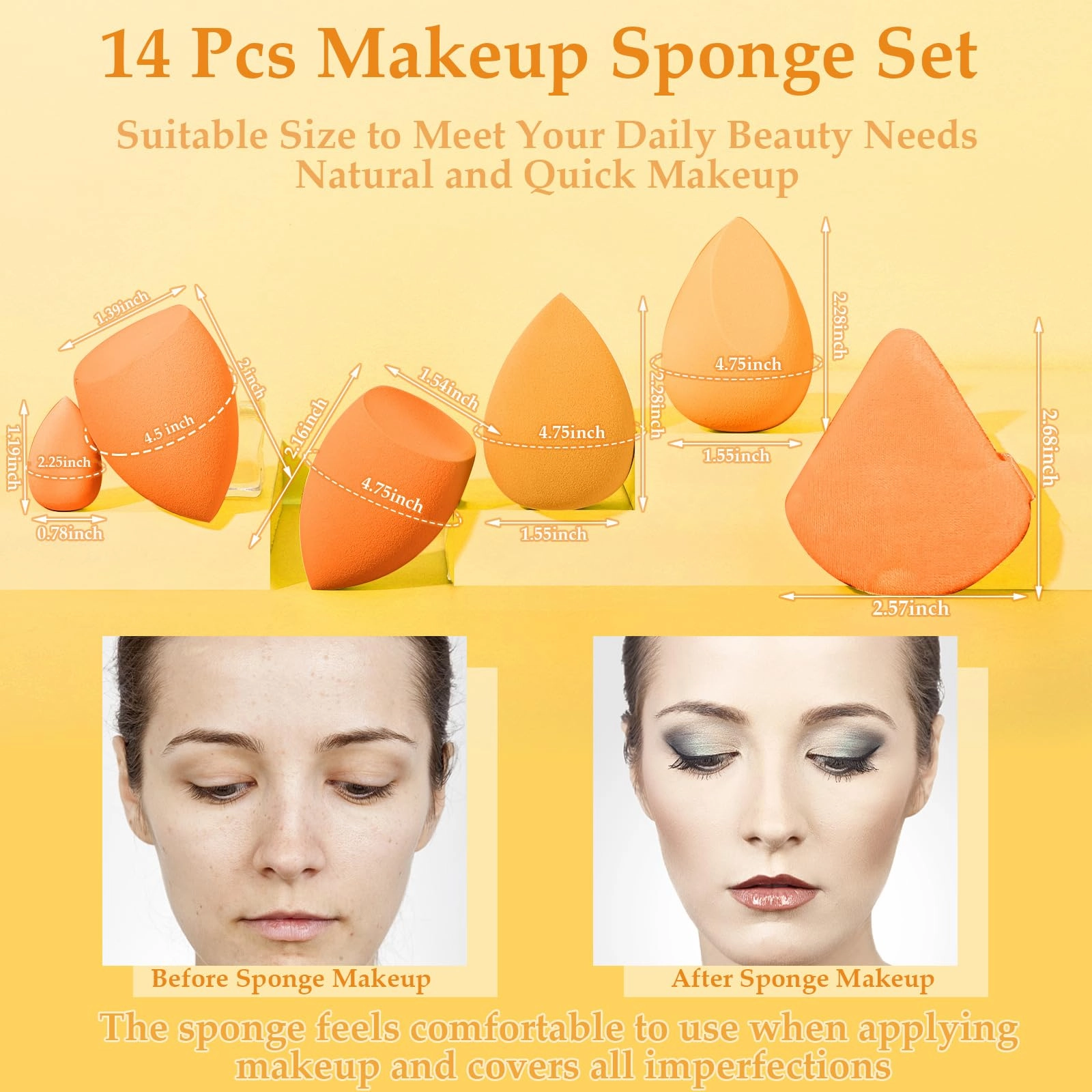 14 Pcs Makeup Sponge Set,Beauty Sponges Blender with 4 Pcs Powder Puff and 4 Pcs Mini Make up Sponges Birthday Gift,Mother's Day Gift for Women Liquid,Foundation,Powder,Concealer,Cream(Orange)