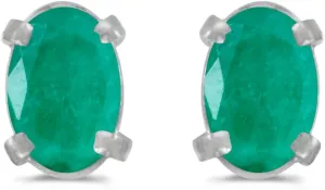 14k White Gold Oval Emerald Earrings