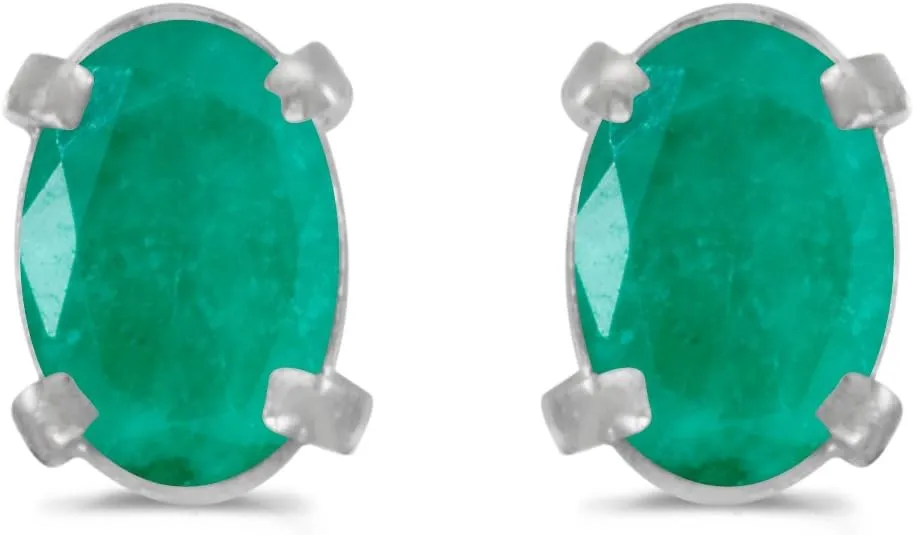 14k White Gold Oval Emerald Earrings