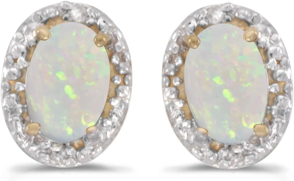 14k Yellow Gold Oval Opal And Diamond Earrings