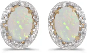 14k Yellow Gold Oval Opal And Diamond Earrings