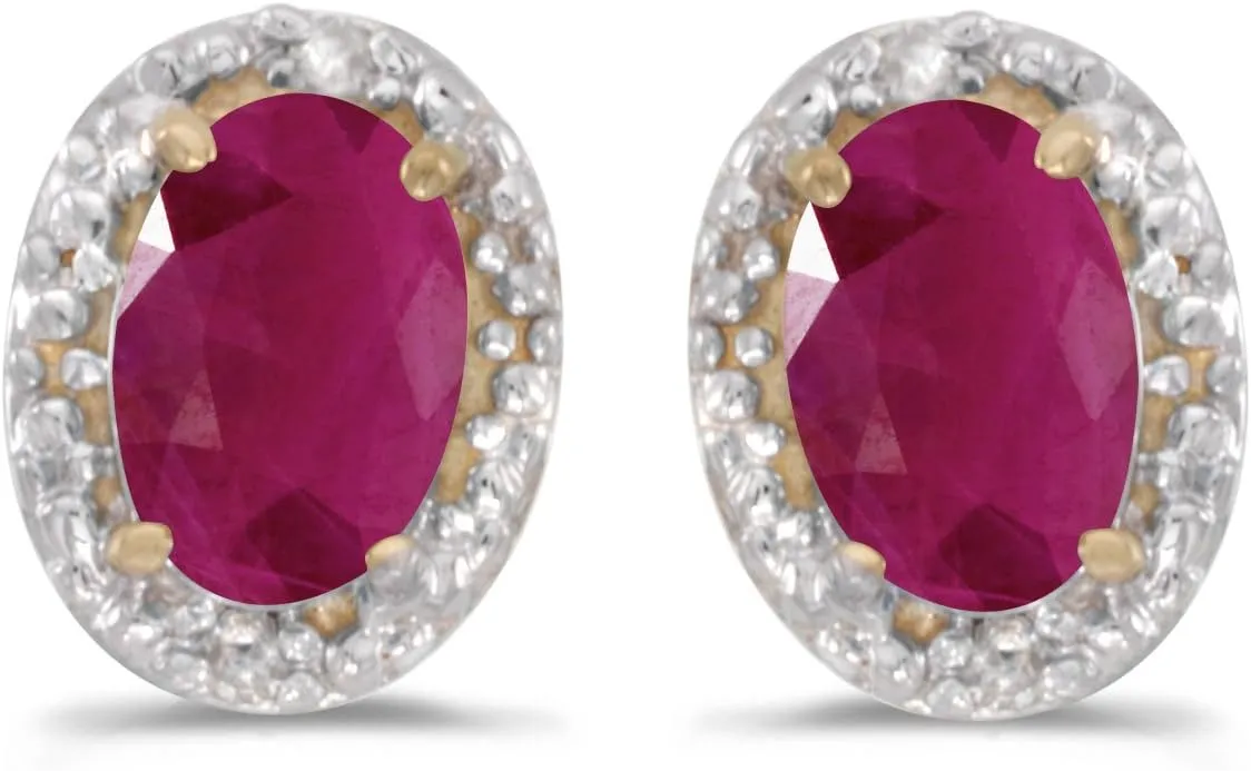 14k Yellow Gold Oval Ruby And Diamond Earrings