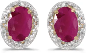 14k Yellow Gold Oval Ruby And Diamond Earrings
