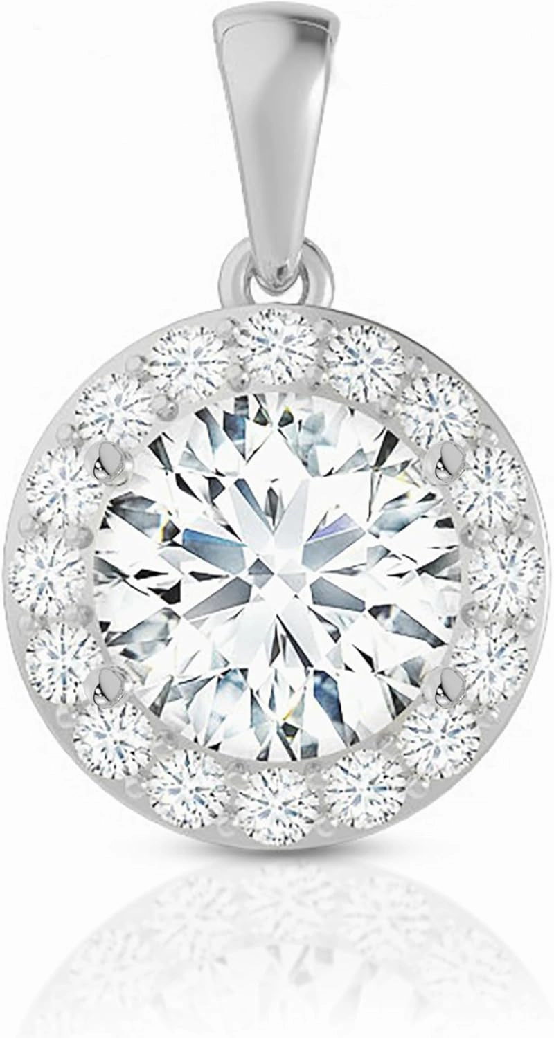 14K Solid White Gold Lab Grown Moissanite Halo Pendant Only or Necklace | Round or Oval Cut | 0.50 to 2.00 CTW | Dangle Jump Ring Bail | Luxury Jewelry Gift for Women