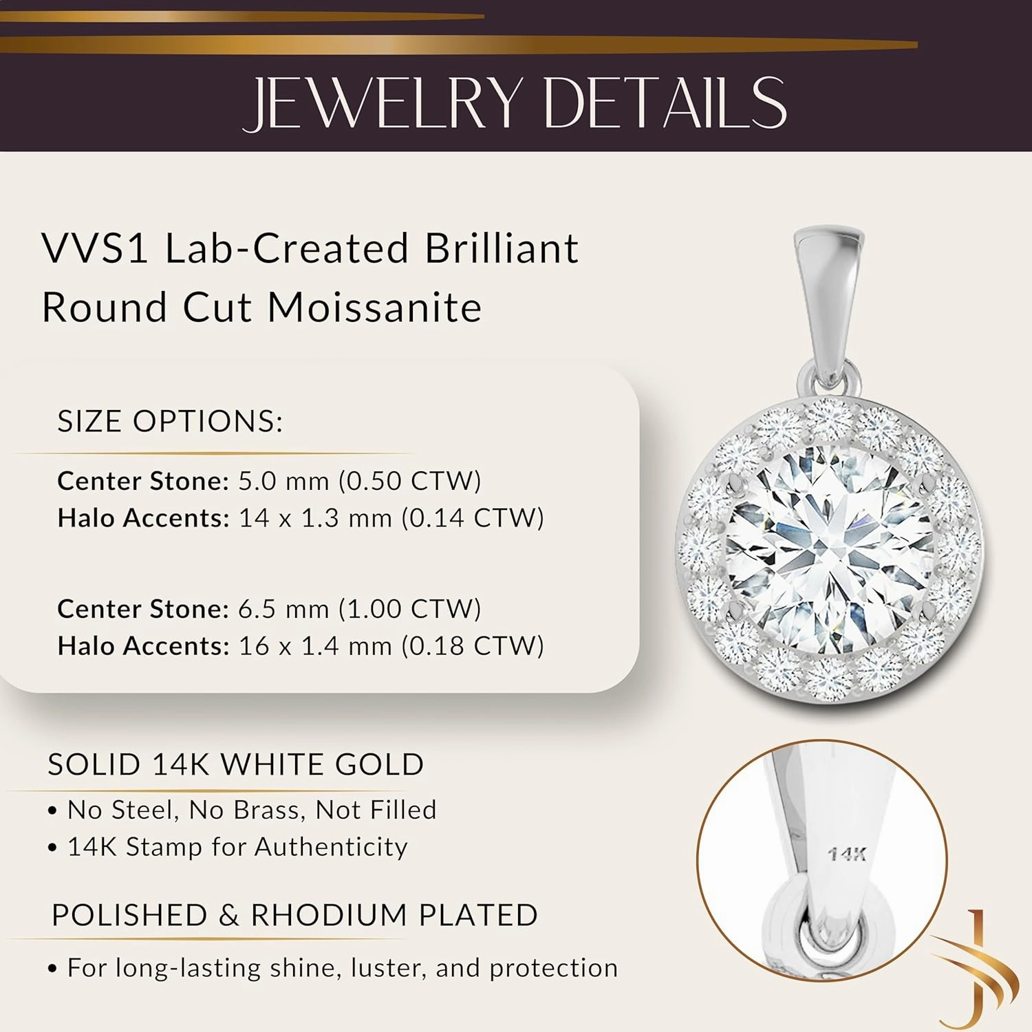 14K Solid White Gold Lab Grown Moissanite Halo Pendant Only or Necklace | Round or Oval Cut | 0.50 to 2.00 CTW | Dangle Jump Ring Bail | Luxury Jewelry Gift for Women