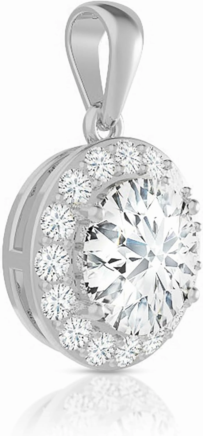 14K Solid White Gold Lab Grown Moissanite Halo Pendant Only or Necklace | Round or Oval Cut | 0.50 to 2.00 CTW | Dangle Jump Ring Bail | Luxury Jewelry Gift for Women