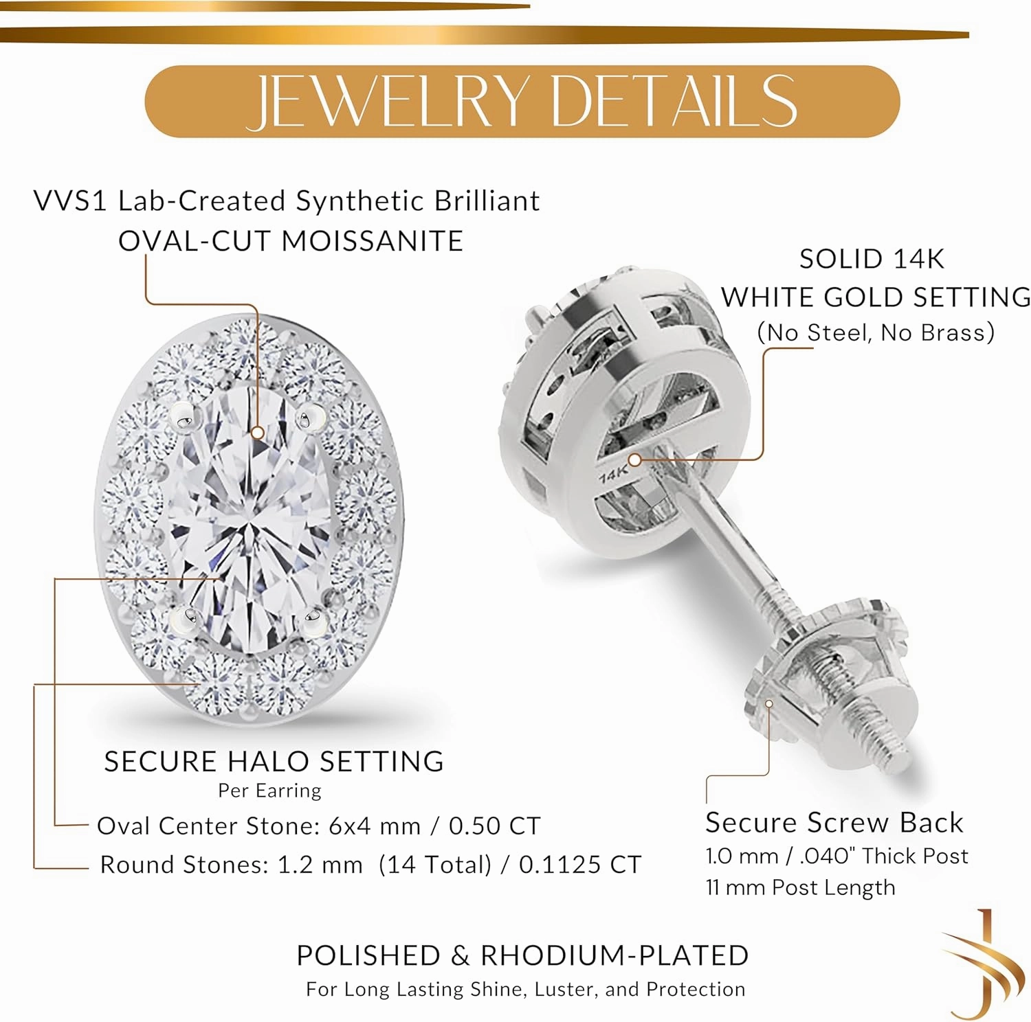 14K Solid White Gold Lab Grown Moissanite Halo Stud Earrings | Round, Oval, or Pear Shape | Screw Back or Push Back | Luxury Gift for Women, Birthday, Mothers Day, Anniversary