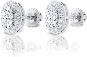 14K Solid White Gold Lab Grown Moissanite Halo Stud Earrings | Round, Oval, or Pear Shape | Screw Back or Push Back | Luxury Gift for Women, Birthday, Mothers Day, Anniversary