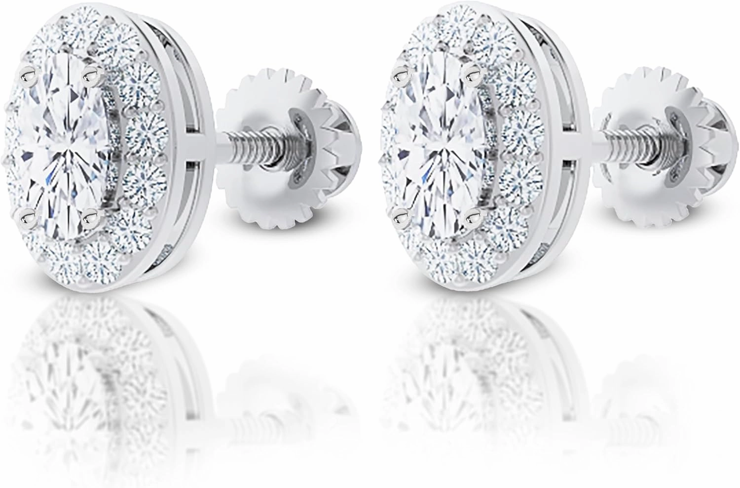 14K Solid White Gold Lab Grown Moissanite Halo Stud Earrings | Round, Oval, or Pear Shape | Screw Back or Push Back | Luxury Gift for Women, Birthday, Mothers Day, Anniversary