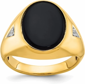 14K Solid Yellow Gold Mens Oval Black Onyx Diamond Statement Ring