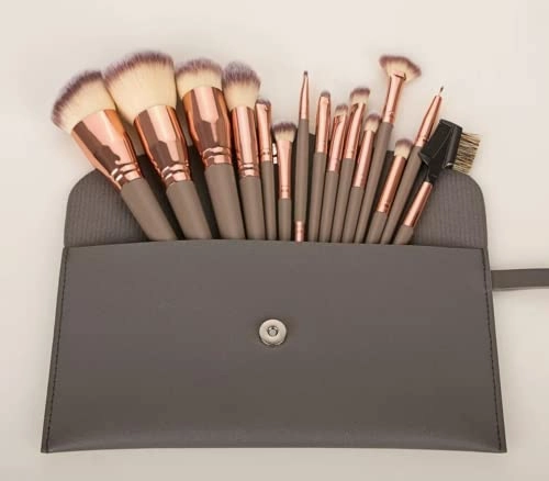 15 pcs Vegan Makeup Brush Set with Carrying Pouch and 5 pcs Sponge with Container