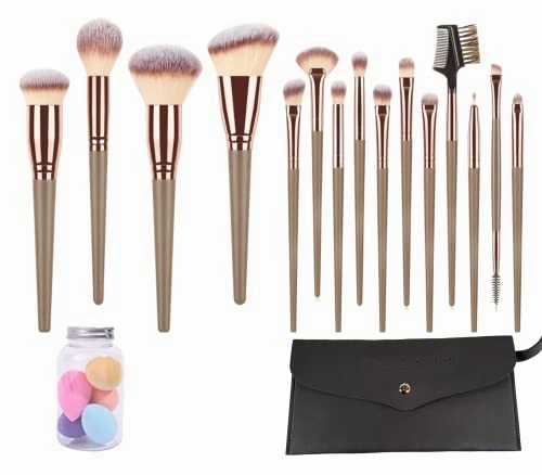 15 pcs Vegan Makeup Brush Set with Carrying Pouch and 5 pcs Sponge with Container