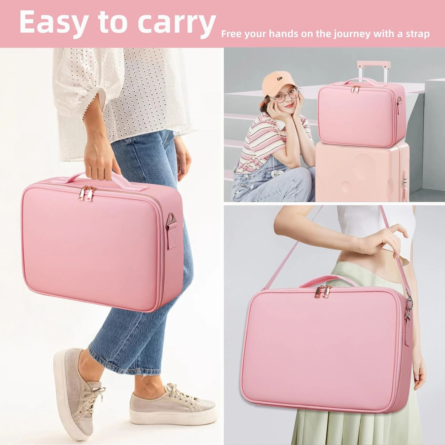 15"×11" Large Pink Makeup Bag with Mirror, Personal Item Travel Bag with Makeup Mirror 3 Lights, Waterproof Train Case with Mirror and Adjustable Dividers,Professional Lighted Makeup Case
