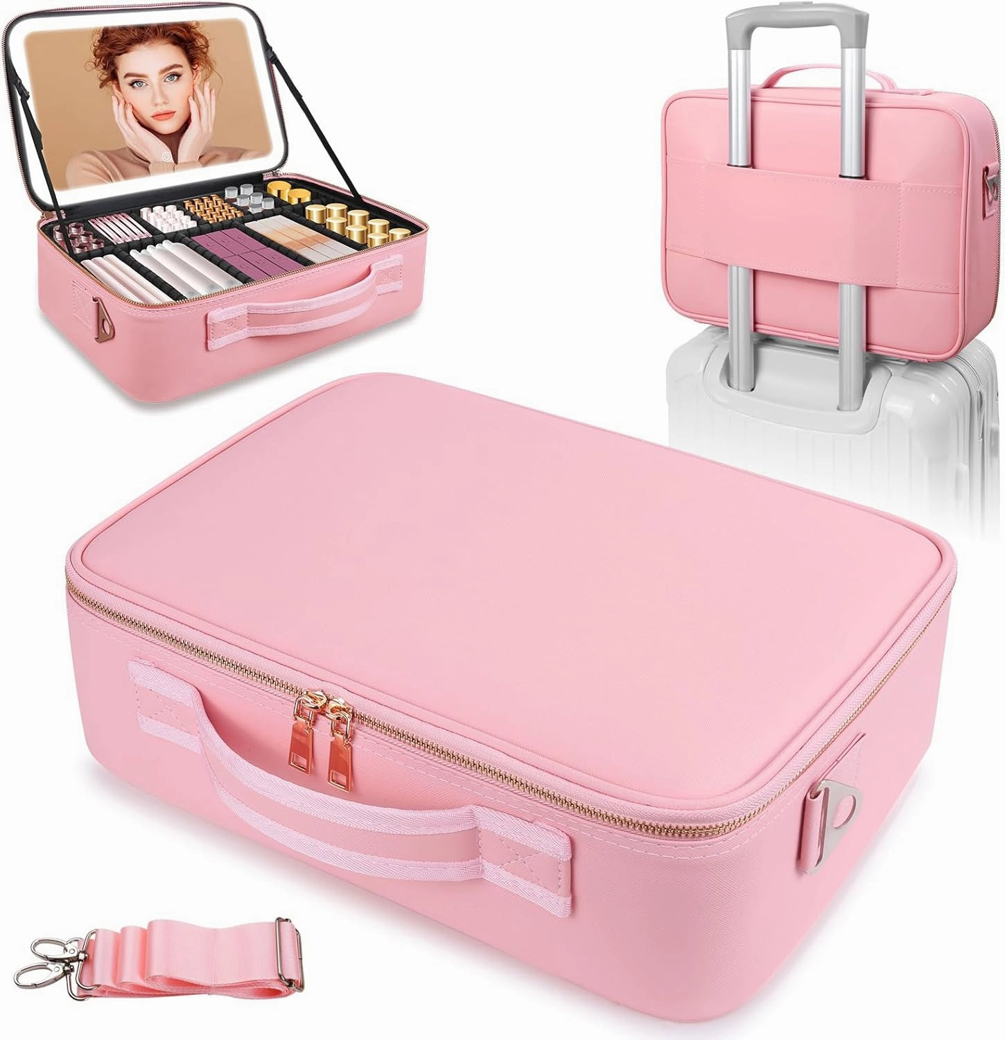 15"×11" Large Pink Makeup Bag with Mirror, Personal Item Travel Bag with Makeup Mirror 3 Lights, Waterproof Train Case with Mirror and Adjustable Dividers,Professional Lighted Makeup Case