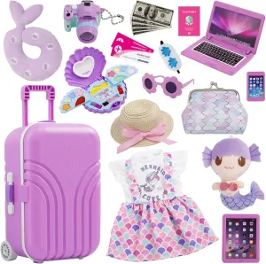 18 Inch Doll Suitcase Travel Luggage Play Set, Mermaid Theme Travel Carrier Storage Accessories for 18inch Doll, Include Case, Clothes, Hat, Sunglasses, Camera, Pillow, Toy Pet