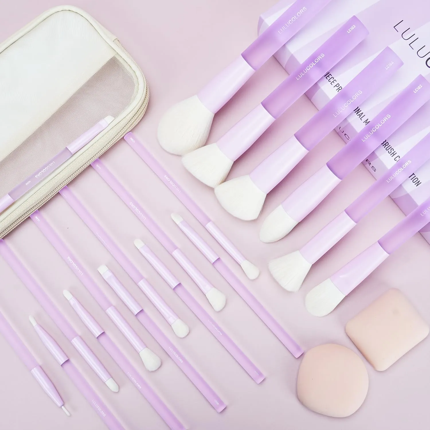 18-Piece Light Purple Professional Makeup Brush Set – Translucent Rubberized Handles, Soft Synthetic Bristles for Face & Eye Makeup–Includes Travel Bag & Sponges, Complete Brush Collection