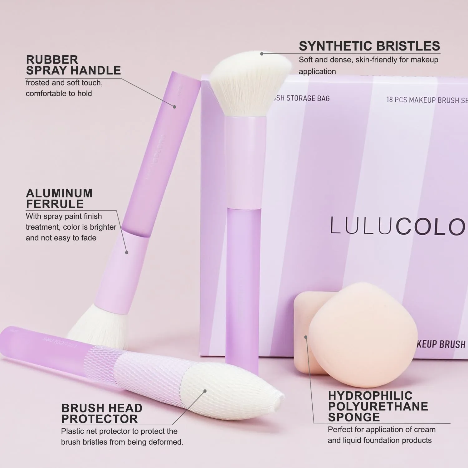 18-Piece Light Purple Professional Makeup Brush Set – Translucent Rubberized Handles, Soft Synthetic Bristles for Face & Eye Makeup–Includes Travel Bag & Sponges, Complete Brush Collection