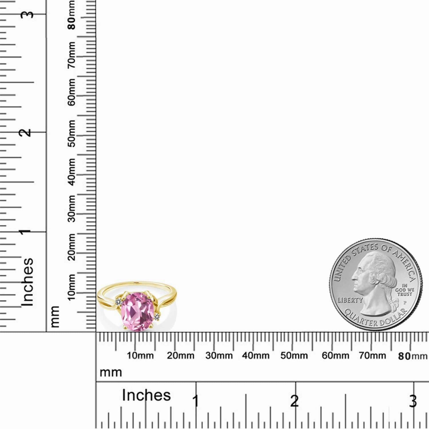18K Yellow Gold Plated Silver Light Pink Created Sapphire and White Diamond 3 Stone Ring For Women (3.03 Cttw, Oval 10X8MM, Gemstone September Birthstone, Available In Size 5, 6, 7, 8, 9)